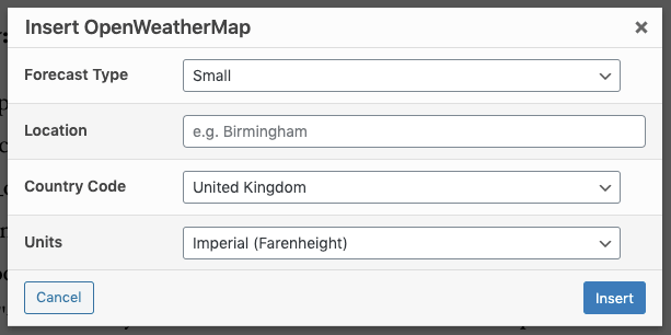 Page Generator Pro: Generate: Shortcodes: Open Weather Map: TinyMCE Modal