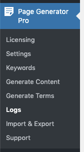 Page Generator Pro: Logs: Menu