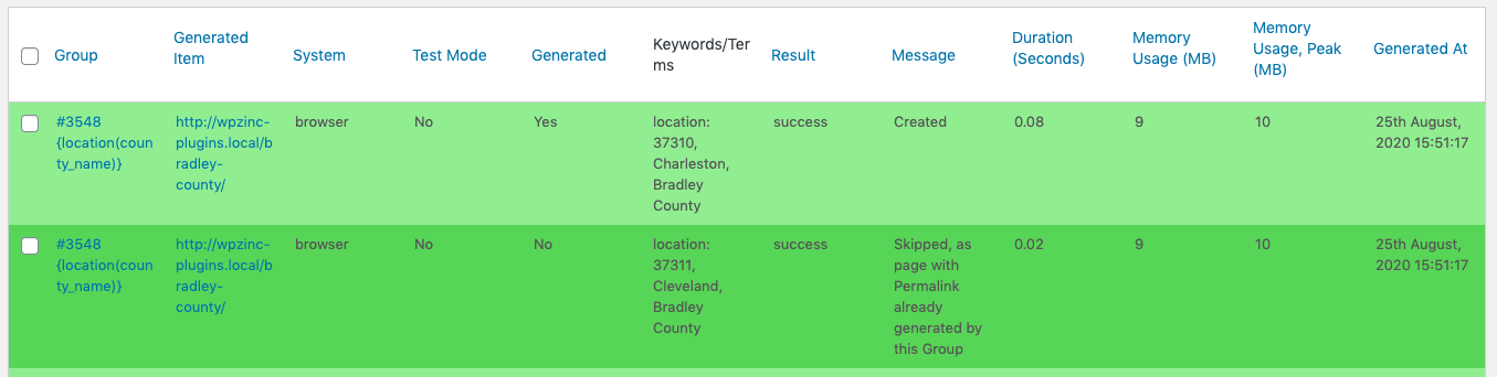 Page Generator Pro: Logs: Table Columns