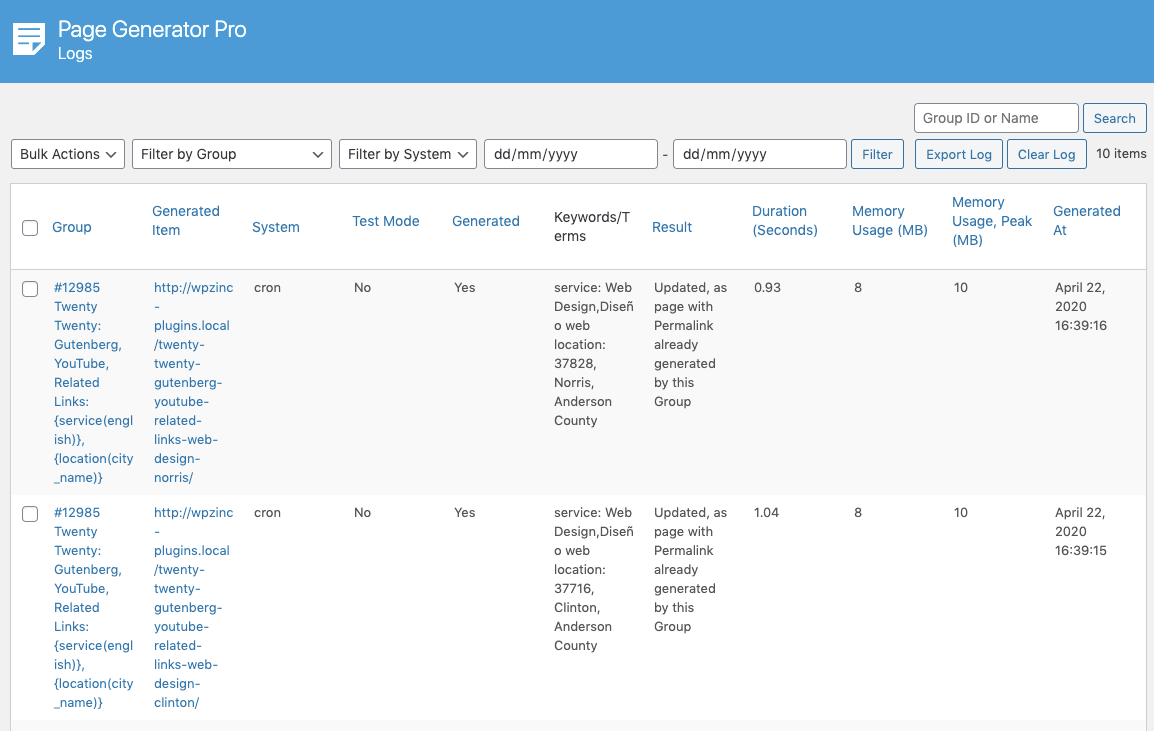 Page Generator Pro: Logs Table