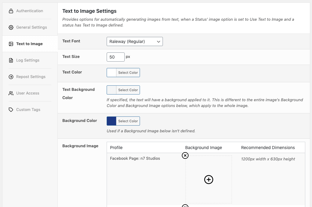 WordPress to Hootsuite Pro: Text to Image Settings