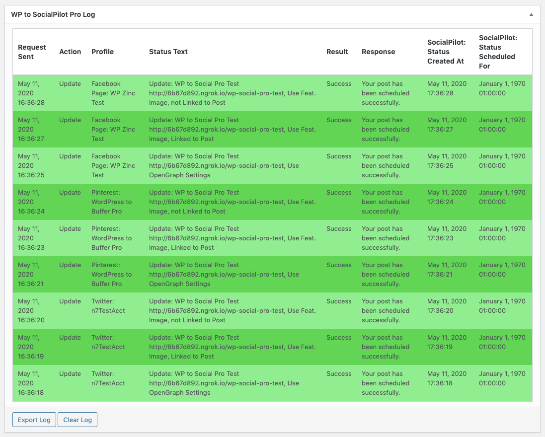 WordPress to SocialPilot Pro: Log Output: Post