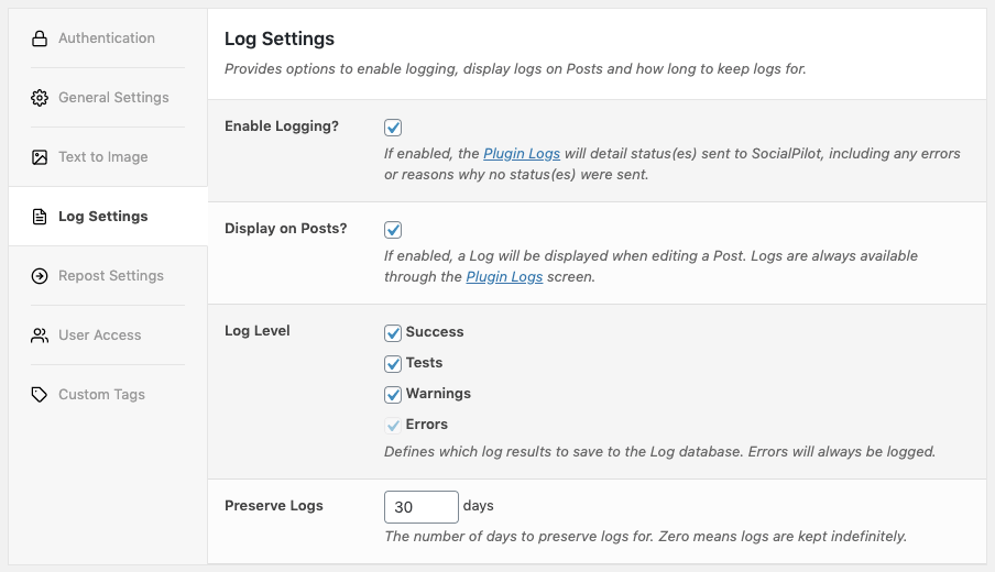 WordPress to SocialPilot Pro: Log Settings