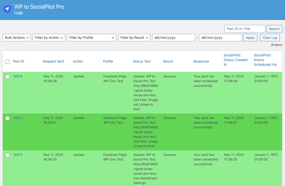 WordPress to SocialPilot Pro: Logs