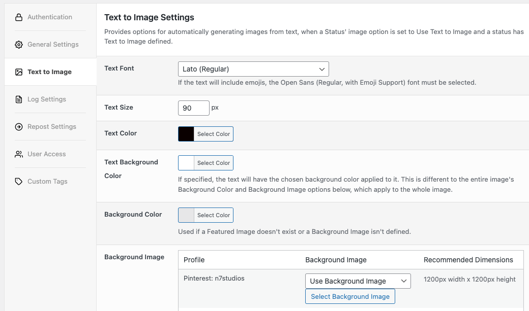 WordPress to Hootsuite Pro: Text to Image Settings
