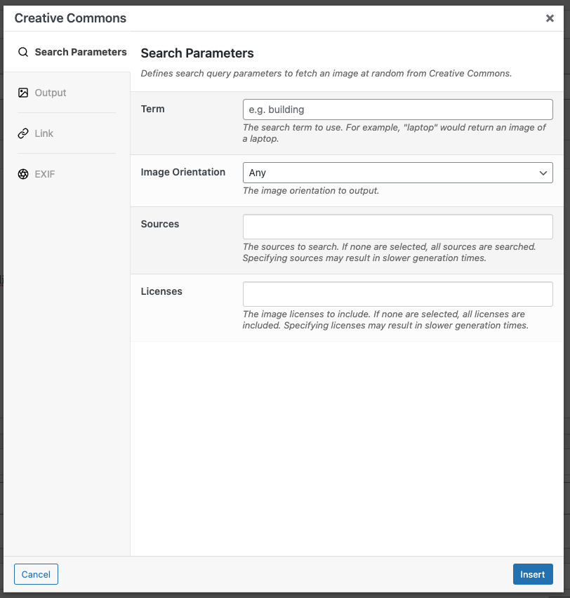 Page Generator Pro: Dynamic Elements: Creative Commons: Search Parameters