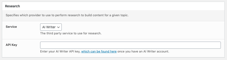 Page Generator Pro: Settings: Research: AI Writer