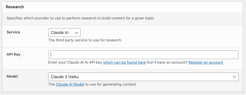 Page Generator Pro: Settings: Research: Claude AI
