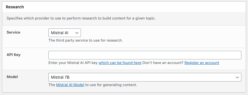 Page Generator Pro: Settings: Research: Mistral AI