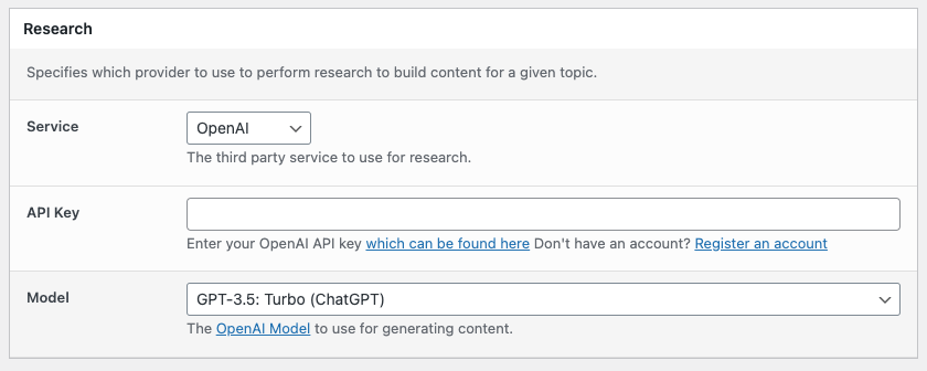 Page Generator Pro: Settings: Research: OpenAI