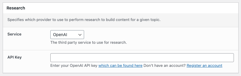 Page Generator Pro: Settings: Research: OpenAI
