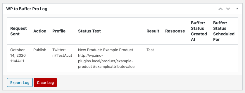 WordPress to Buffer Pro: WooCommerce: Attributes: Log Result