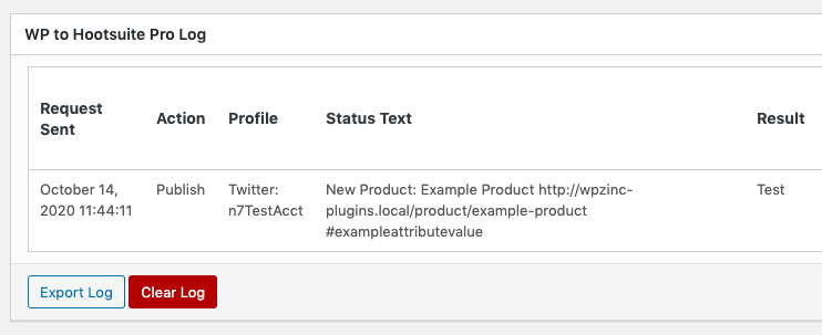 WordPress to Hootsuite Pro: WooCommerce: Attributes: Log Result