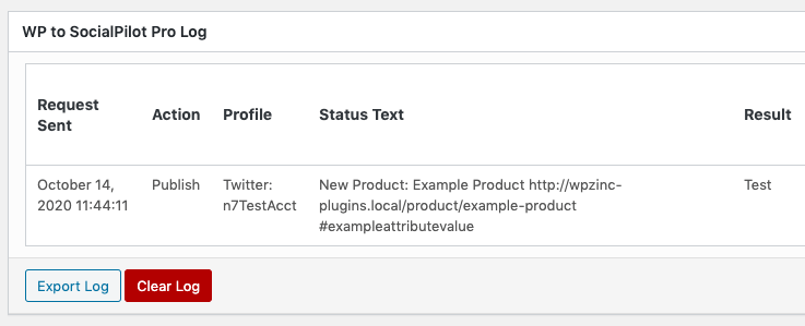 WordPress to SocialPilot Pro: WooCommerce: Attributes: Log Result