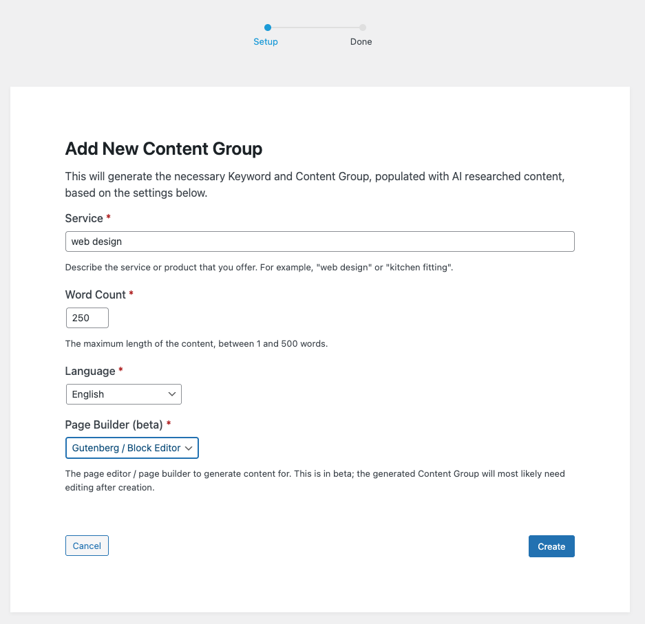 Page Generator Pro: Content Groups: Add New using AI
