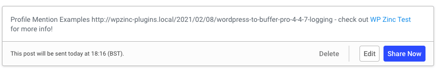 WordPress to Buffer Pro: Status Text: Facebook Profile Mention: Buffer Result