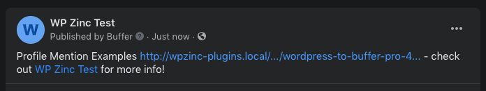 WordPress to Buffer Pro: Status Text: Facebook Profile Mention: Facebook Result