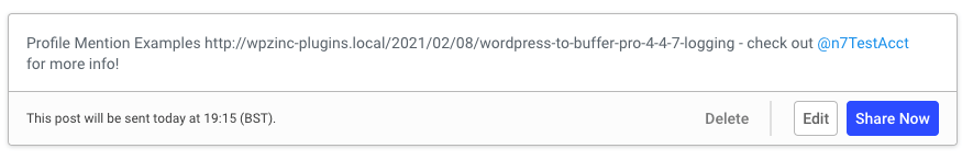 WordPress to Buffer Pro: Status Text: Twitter Profile Mention: Buffer Result