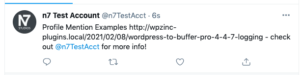 WordPress to Buffer Pro: Status Text: Twitter Profile Mention: Twitter Result