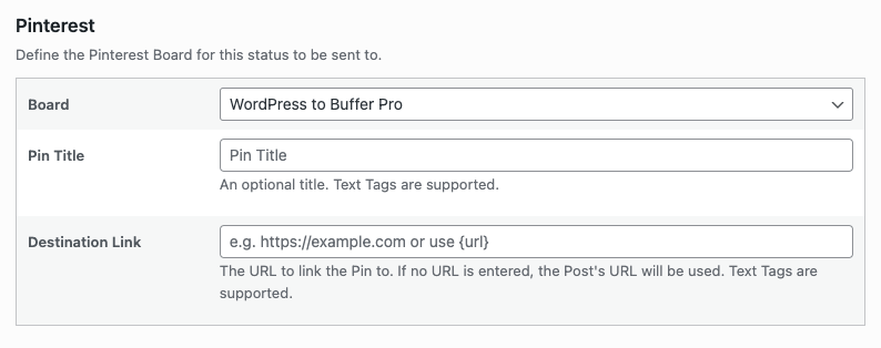 WordPress to Buffer Pro: Status Settings: Pinterest