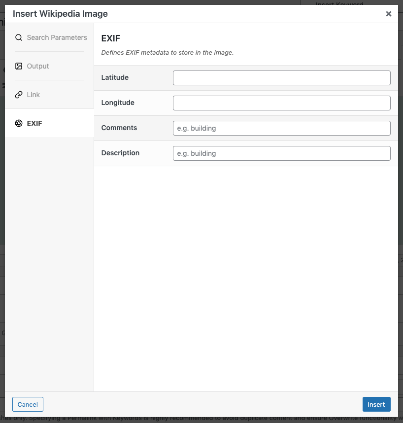 Page Generator Pro: Dynamic Elements: Wikipedia Image: TinyMCE: EXIF