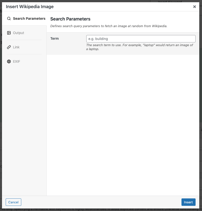 Page Generator Pro: Dynamic Elements: Wikipedia Image: TinyMCE: Search