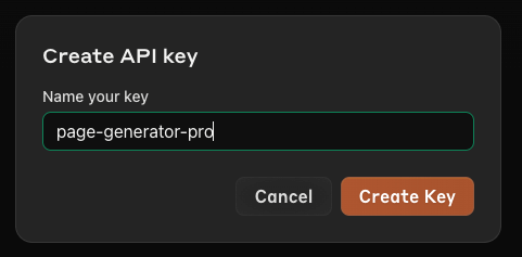 Page Generator Pro: Claude AI: Billing: Create API Key Modal