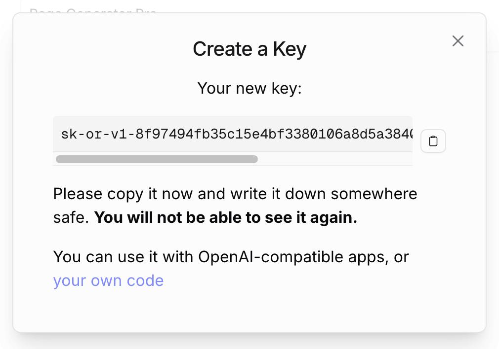 Page Generator Pro: OpenRouter: Create Key: Copy