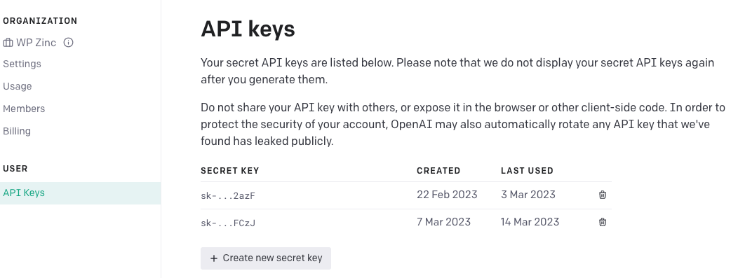 Page Generator Pro: Settings: Integrations: OpenAI: Create new secret key