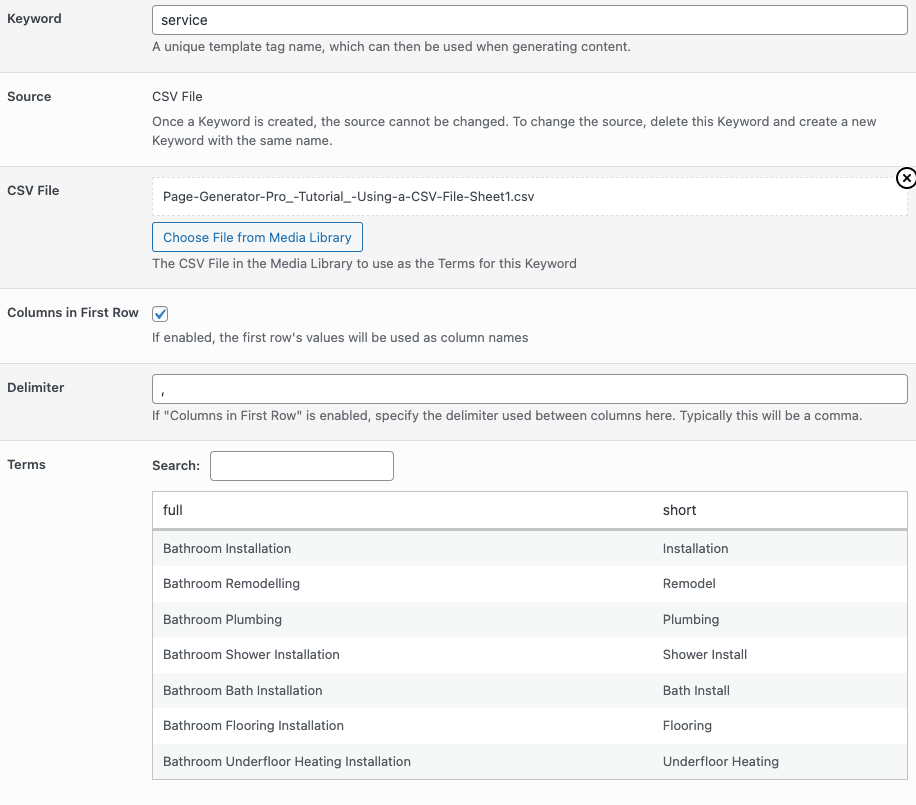 Page Generator Pro: Tutorial: Using CSV File: Saved Keyword