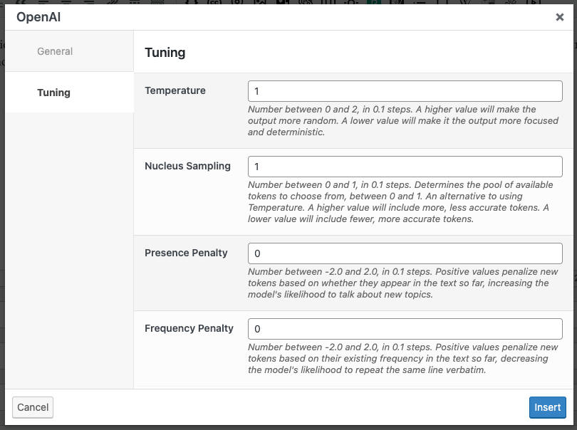 Page Generator Pro: Dynamic Elements: OpenAI: Tuning