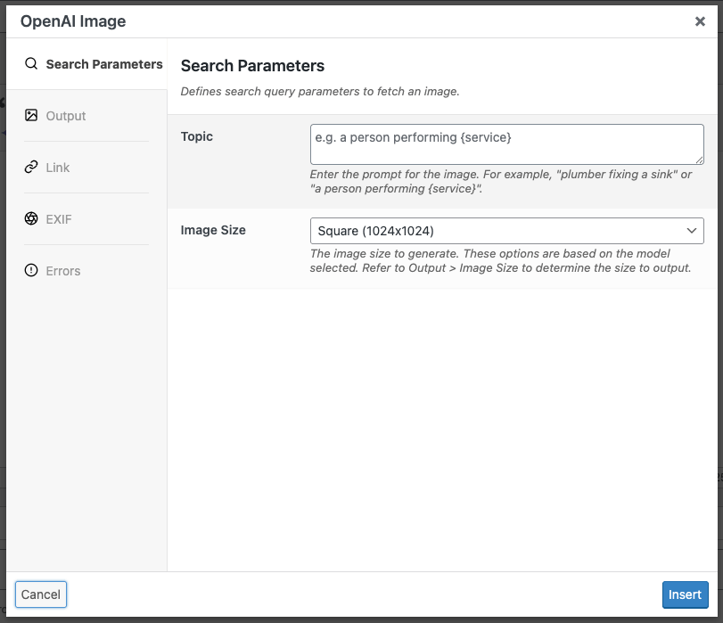 Page Generator Pro: OpenAI Image Dynamic Element: Search Parameters