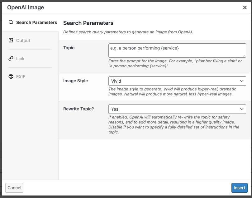 Page Generator Pro: Dynamic Elements: OpenAI Image (Dall-e 3): Search Parameters