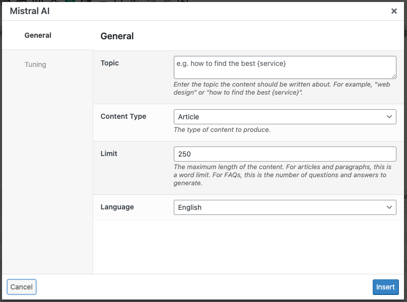 Page Generator Pro: Dynamic Elements: Mistral AI: General Settings