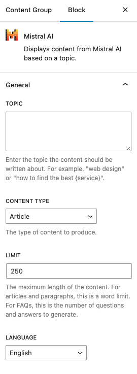 Page Generator Pro: Dynamic Elements: Mistral AI: Gutenberg Settings