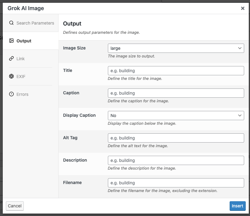 Page Generator Pro: Dynamic Elements: Grok AI Image: Output Settings