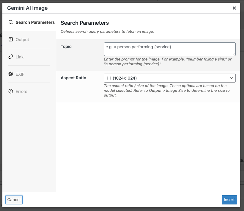 Page Generator Pro: Dynamic Elements: Gemini AI Image: Search Parameters
