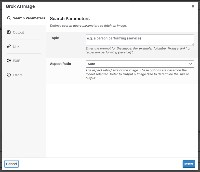 Page Generator Pro: Dynamic Elements: Grok AI Image: Search Parameters