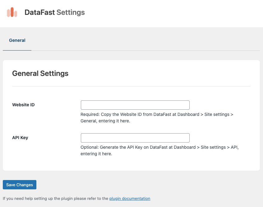 DataFast Web Analytics for WordPress: Settings Screen