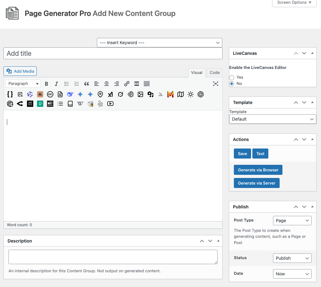 Page Generator Pro: LiveCanvas: Content Group: New