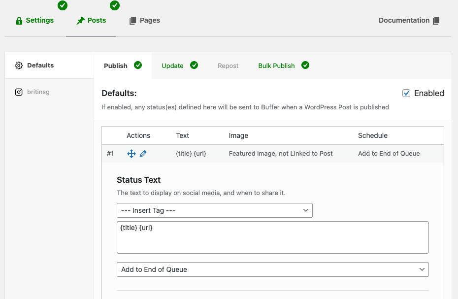 WordPress to Buffer Pro: Basic Configuration: Default Status