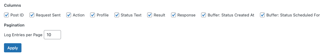 WordPress to Buffer Pro: Logs: Screen Options