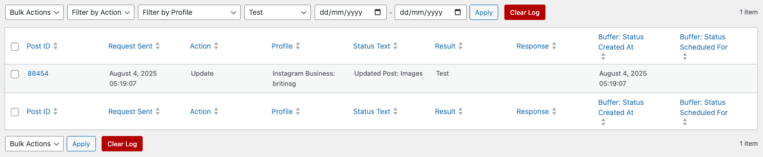 WordPress to Buffer Pro: Logs: Test
