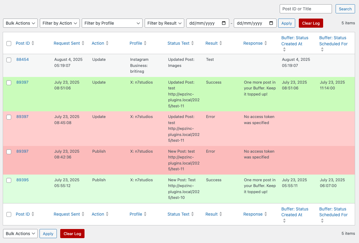 WordPress to Buffer Pro: Logs