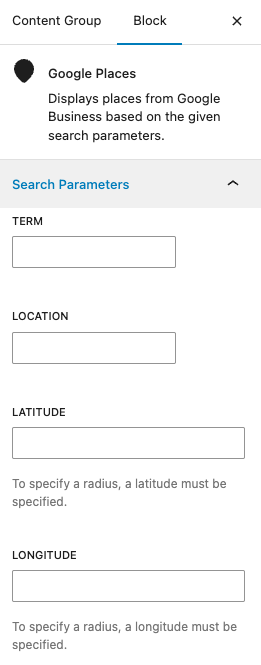 Page Generator Pro: Dynamic Elements: Google Places: Gutenberg Configuration