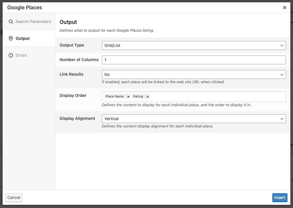 Page Generator Pro: Dynamic Elements: Google Places: Output
