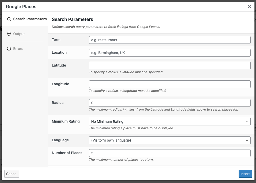 Page Generator Pro: Dynamic Elements: Google Places: Search
