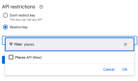 Settings: Integrations: Google Cloud: API Restrictions