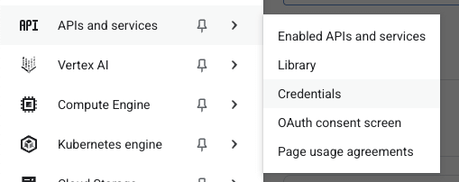 Settings: Integrations: Google Cloud: Navigation Menu: API Services: Credentials