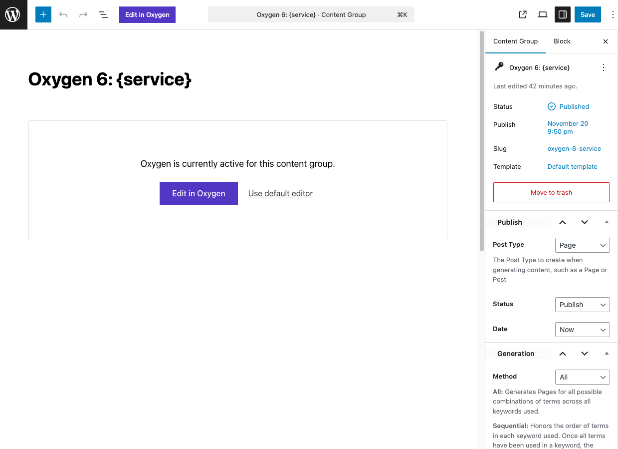 Page Generator Pro: Oxygen 6: Add/Edit Content Group